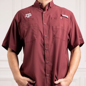 Men's Texas Aggie Columbia Tamiami Maroon Fishing Shirt- Gig Em Aggies
